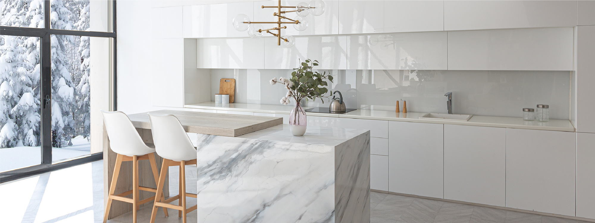 An all white winter scene, white custom made cabinet fronts